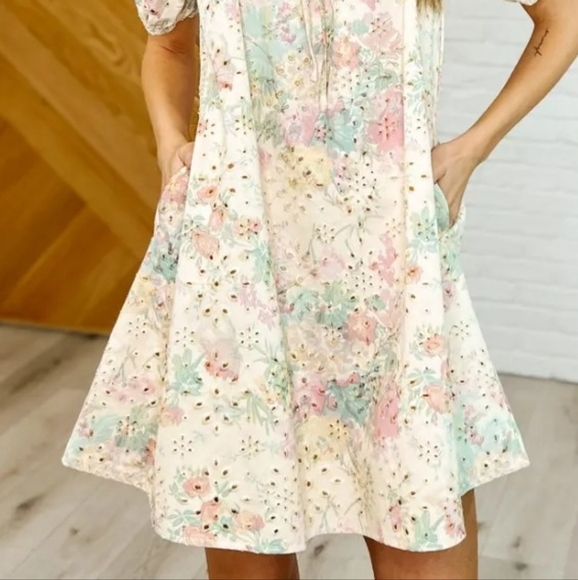 NWT Gee Gee Floral Eyelet Puff Sleeve Dress Cottagecore Balletcore Fall Small - Picture 2 of 11